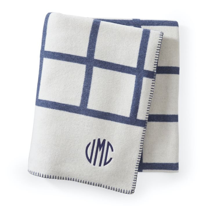 Wool &amp;amp; Cotton Hand Woven Windowpane Throw Blanket, Navy | Mark and Graham