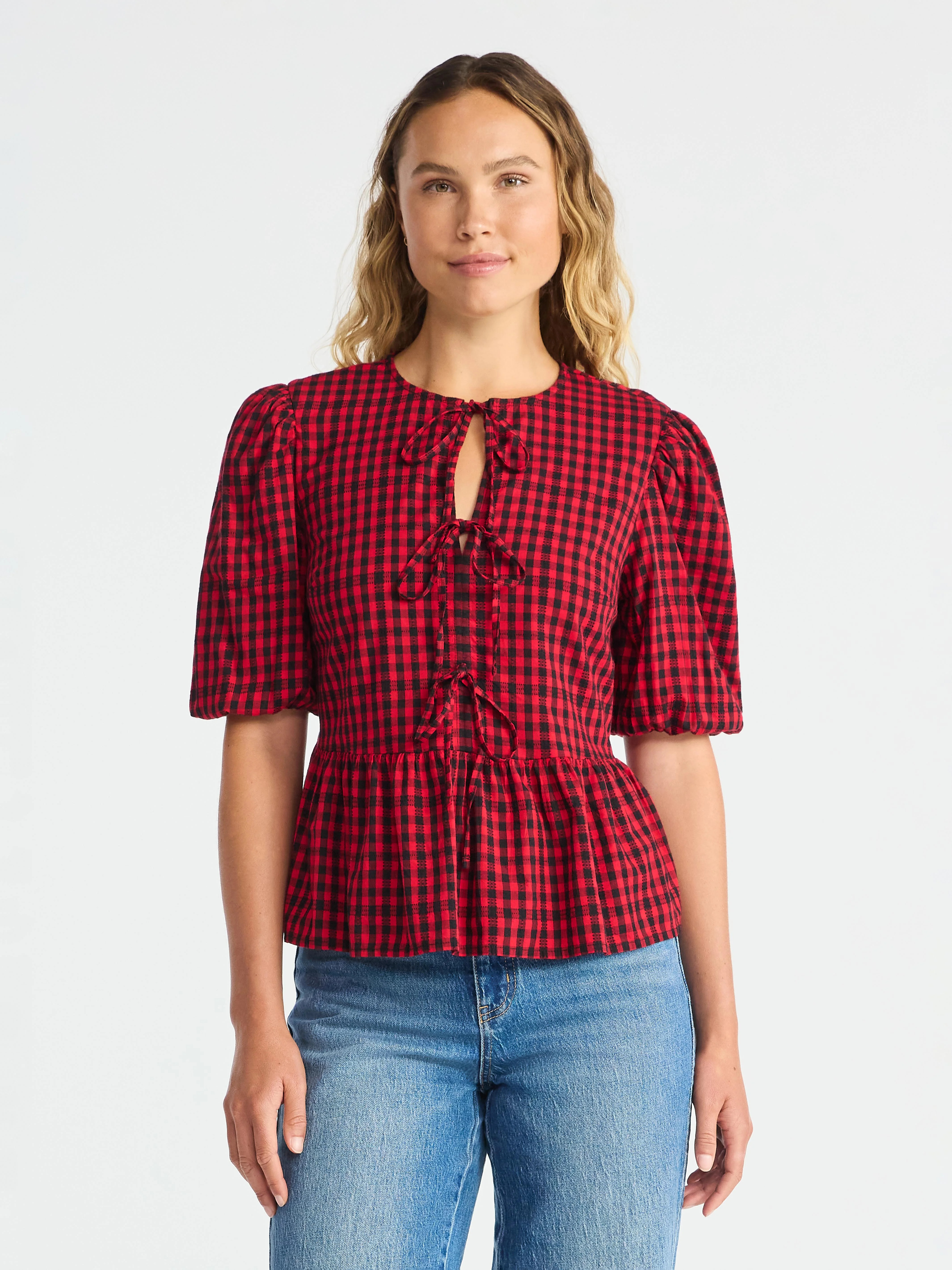 Time and Tru Women's Tie Front Peplum Top with Short Puff Sleeves, Size XS – XXXL | Walmart (US)