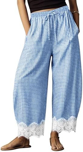 Womens Lace Hem Gingham Barrel Pants Wide Leg Elastic Drawstring Waist Lounge Pants Plaid Trouser... | Amazon (US)