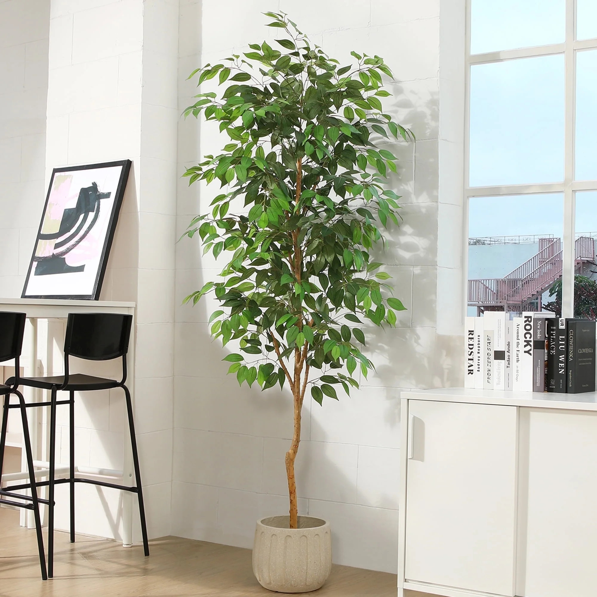7FT Artificial Ficus Tree with Natural Wood Trunk and Lifelike Leaves, Silk Fake Potted Tree with... | Walmart (US)