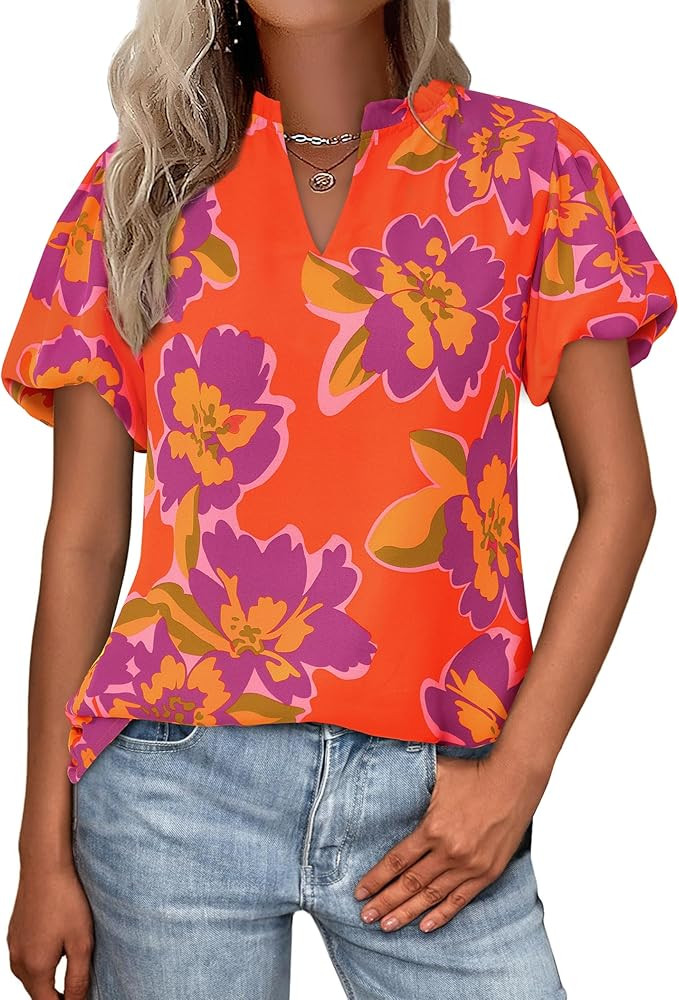 MASCOMODA Boho Short Sleeve Floral Work Blouses for Women Dressy Casual V Neck Puff Sleeve Loose ... | Amazon (US)