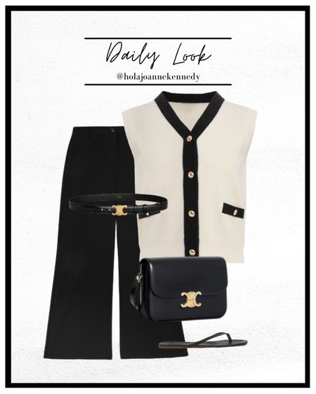 Black and white outfit, monochrome outfit, spring workwear, v neck contrast knit, sleeveless knit, knit waistcoat, black tailored trousers, black flip flops, easy outfit idea, everyday outfit idea 

#LTKstyletip #LTKeurope #LTKworkwear