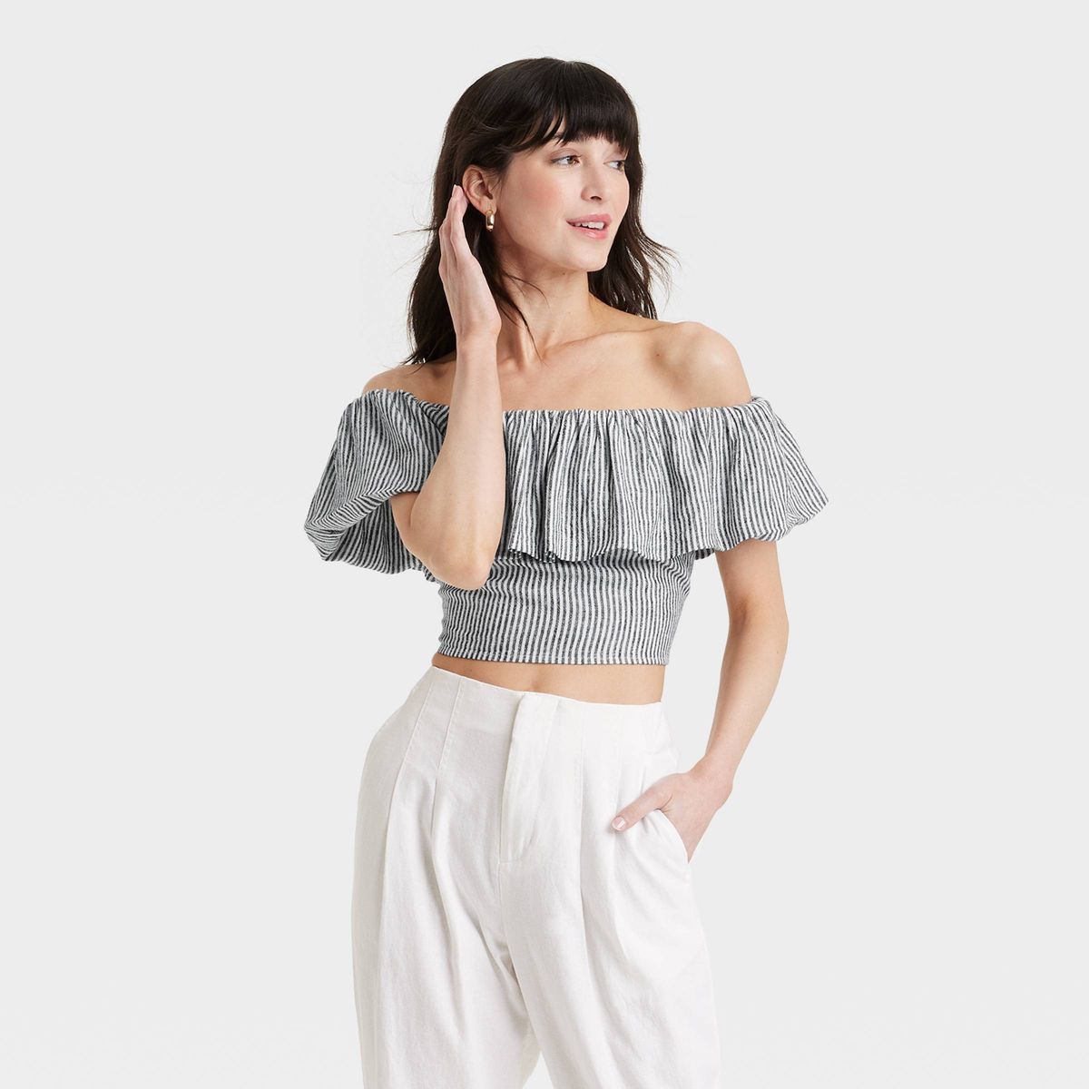 Women's Slim Fit Ruffle Sleeve Off the Shoulder Linen Blouse - A New Day™ | Target