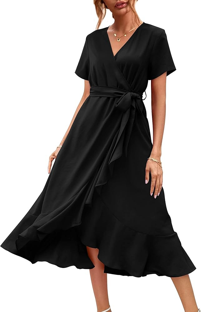 Amoretu Women's 2023 Summer Dress Wrap V Neck Short Sleeve Belt Party Flowy Midi Dress | Amazon (US)