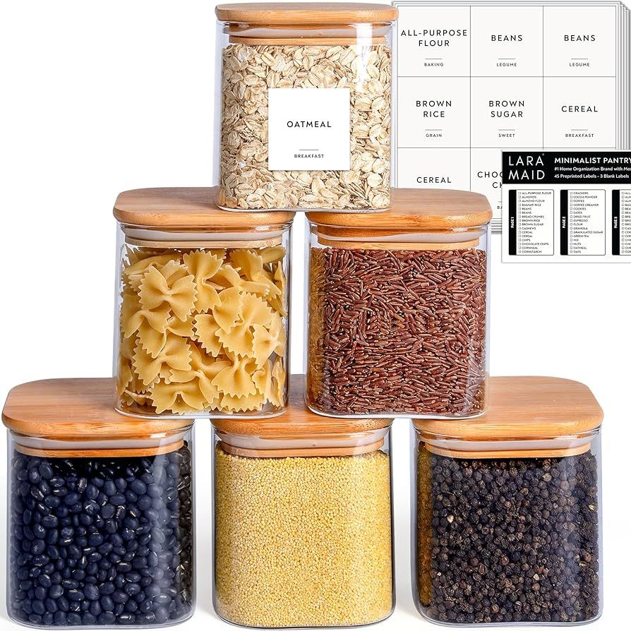 Laramaid 27oz 6Packs Square Glass Jars Set with Minimalist Pantry Labels, Square Pantry Jars with... | Amazon (US)