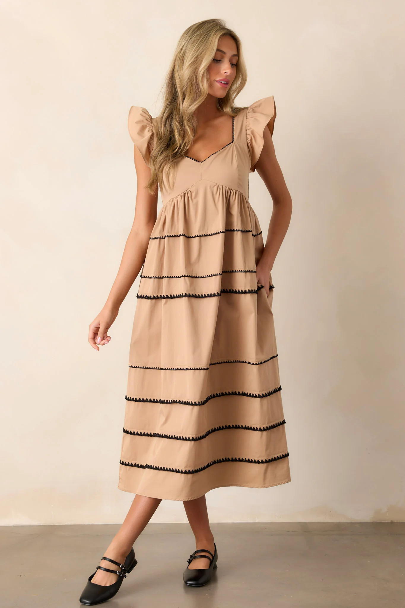 Can't Live Without Tan Stripe Tiered Midi Dress | Red Dress