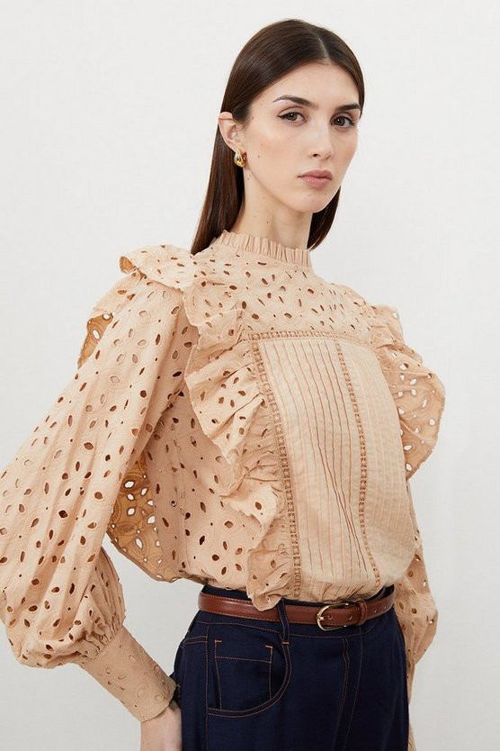 Embroidery Cutwork Frill Detail Woven Shirt | Karen Millen US