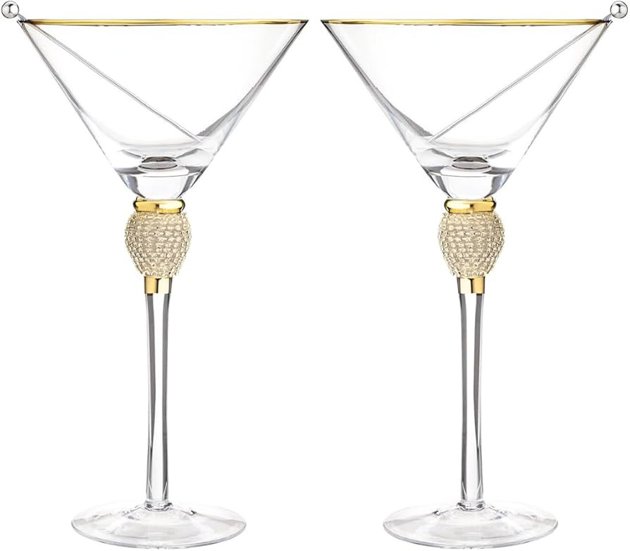 Sister.ly Drinkware, Rhinestone Studded Bling Martini Glasses Set of 2 with Gold Rim, 10 oz. Cock... | Amazon (US)