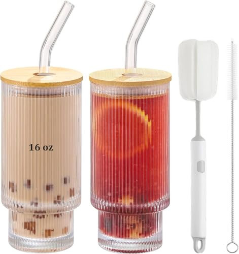 ASANMEYO 2 Pcs Ribbed Drinking Glasses with Bamboo Lids and Straws, 16oz Ribbed Glass Cups, Vintage Fluted Ribbed Glassware, Iced Coffee Cup for Cocktail, Beer, Juice, Milk, Decor, Gift | Amazon (US)