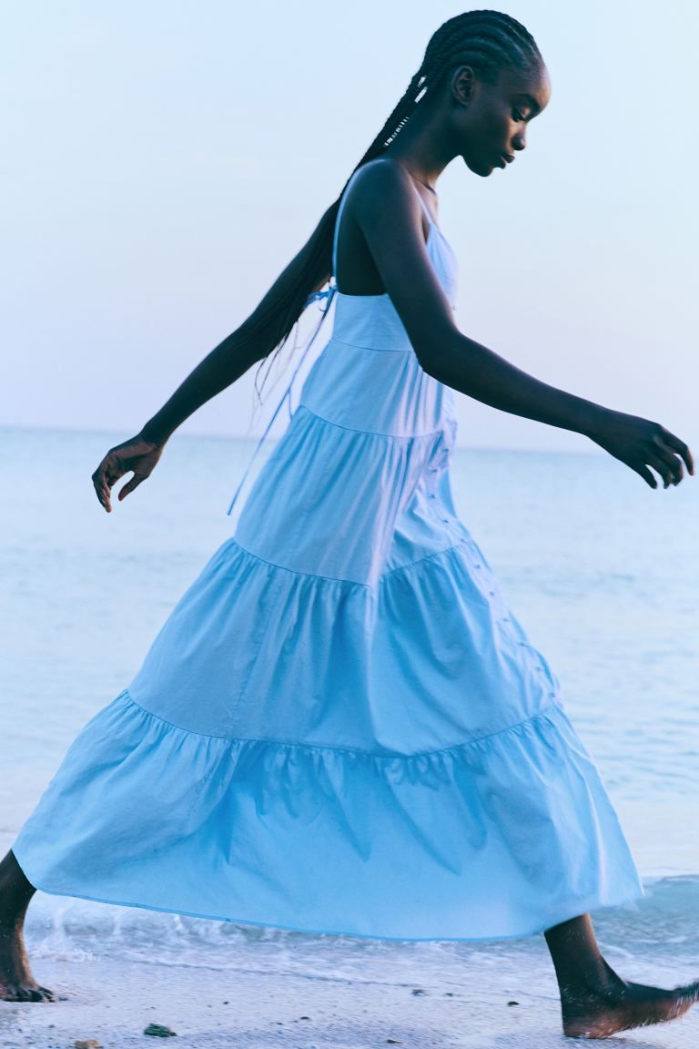 Tiered Strappy Dress - V-neck - Sleeveless - Light blue - Ladies | H&M US | H&M (US + CA)