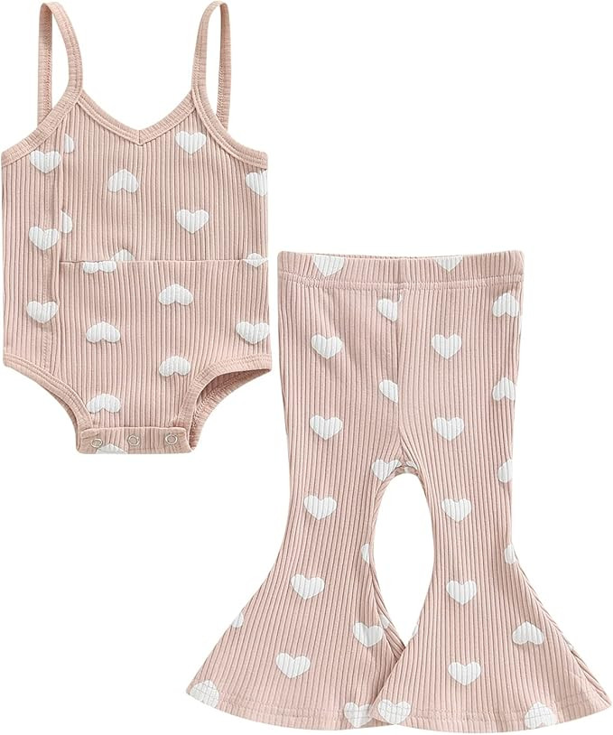 Newborn Baby Girl Valentines Day Outfit Sleeveless Love Romper Onesie Ribbed Flared Pants Summer ... | Amazon (US)