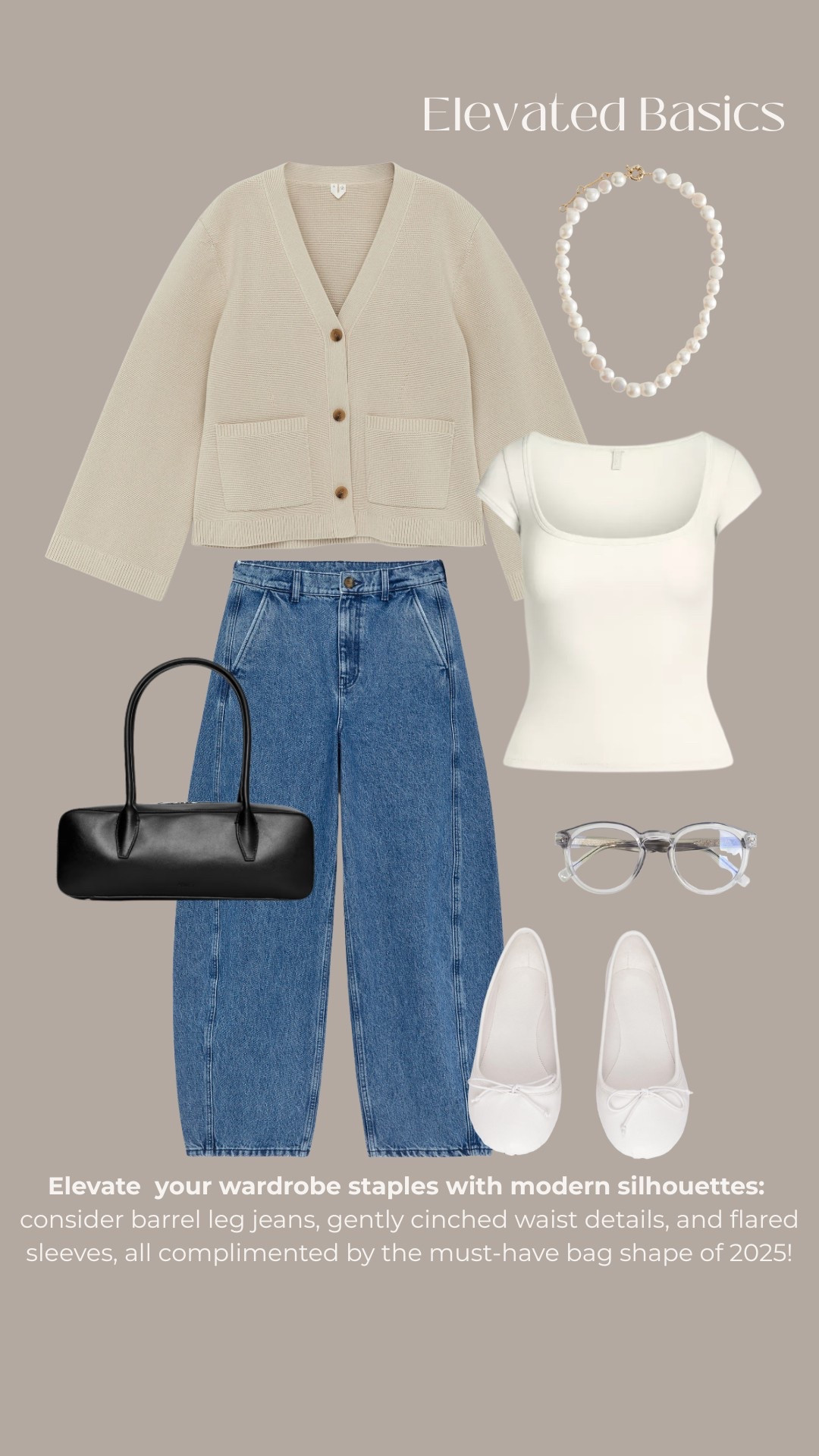 Spring outfit - Arket cardigan - cinched waist - khaite cardigan dupe - white ballet flats - summer shoes - trending handbag - trendy bag - black leather bag - east west bag - blue light glasses - H&M - skims top - pearl necklace - blue denim - barrel leg jeans - Arket jeans - Abercrombie jeans 

#LTKspring #LTKstyletip #LTKuk