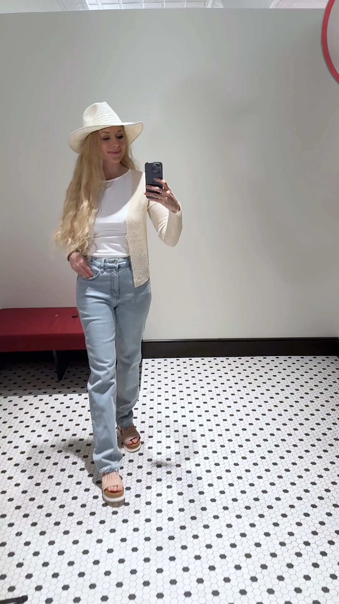 Oversized jeans are so comfortable with crop top white tank and small knitted cream cardigan. Completed the look  with cute heightened sandals and a sun hat from #DryGoods 

#LTKFestival #LTKtravel #LTKVideo