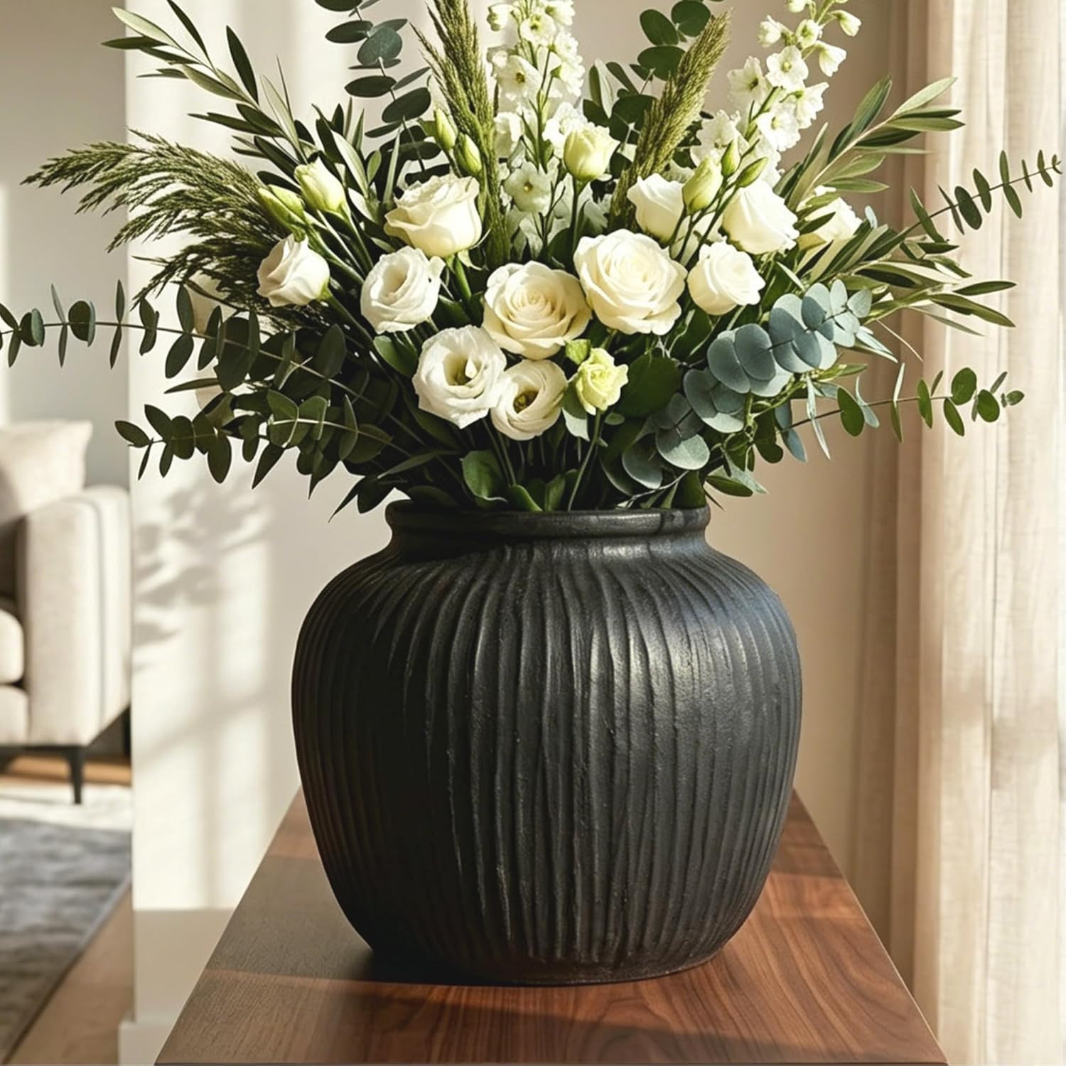 Large Vase with Vertical Ribbed Texture, 11" Black Round Vase | Vintage Decorative Planter for Indoor, Rustic Table Centerpieces, Distressed Decor | Amazon (US)