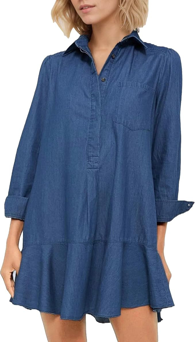 YEXPINE Women's Long Sleeve Denim Shirt Dress Button Down Ruffle Flowy Collared Mini Shift Drop W... | Amazon (US)