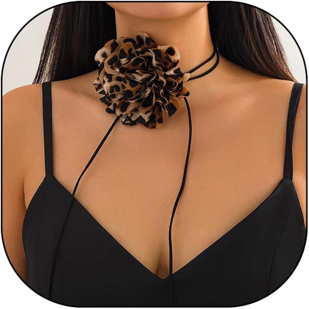GIGB PBDK Brown Large Leopard Print Flower Lace Knot Choker Necklace, Black Wax Rope Leather Stri... | Amazon (US)