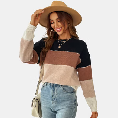 Women's Long Sleeve Colorblock Knit Round Neck Sweater-Cupshe-S-Brown | Target