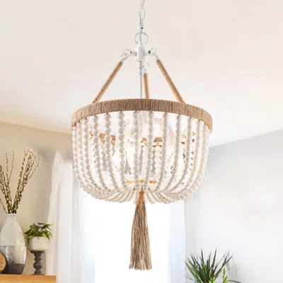 Boho Chandelier Farmhouse Wood Beaded Pendant Light Fixture Wood Beaded Hanging Chandeleir 3-Light Rustic Chandelier Bohemia White Beades with Fringe | Wayfair North America