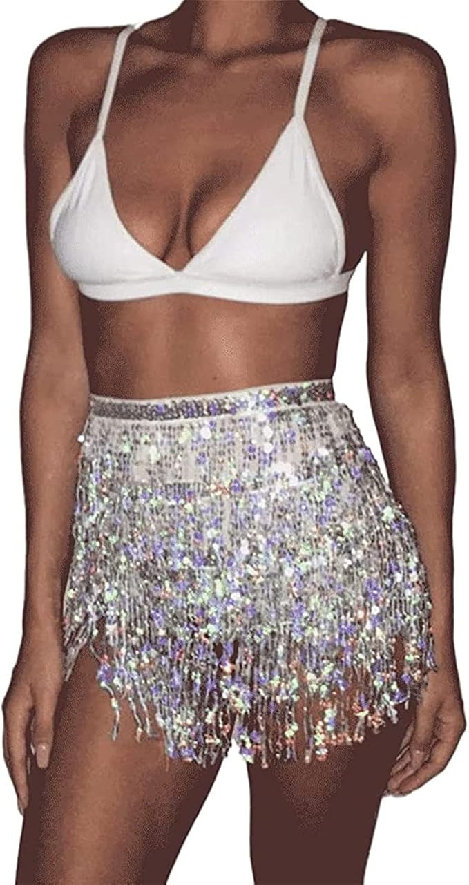 Women's Sequin Tassel Skirts Sparkly Fringe Belly Dance Performance Short Skirt Hip Scarf Rave Pa... | Amazon (UK)