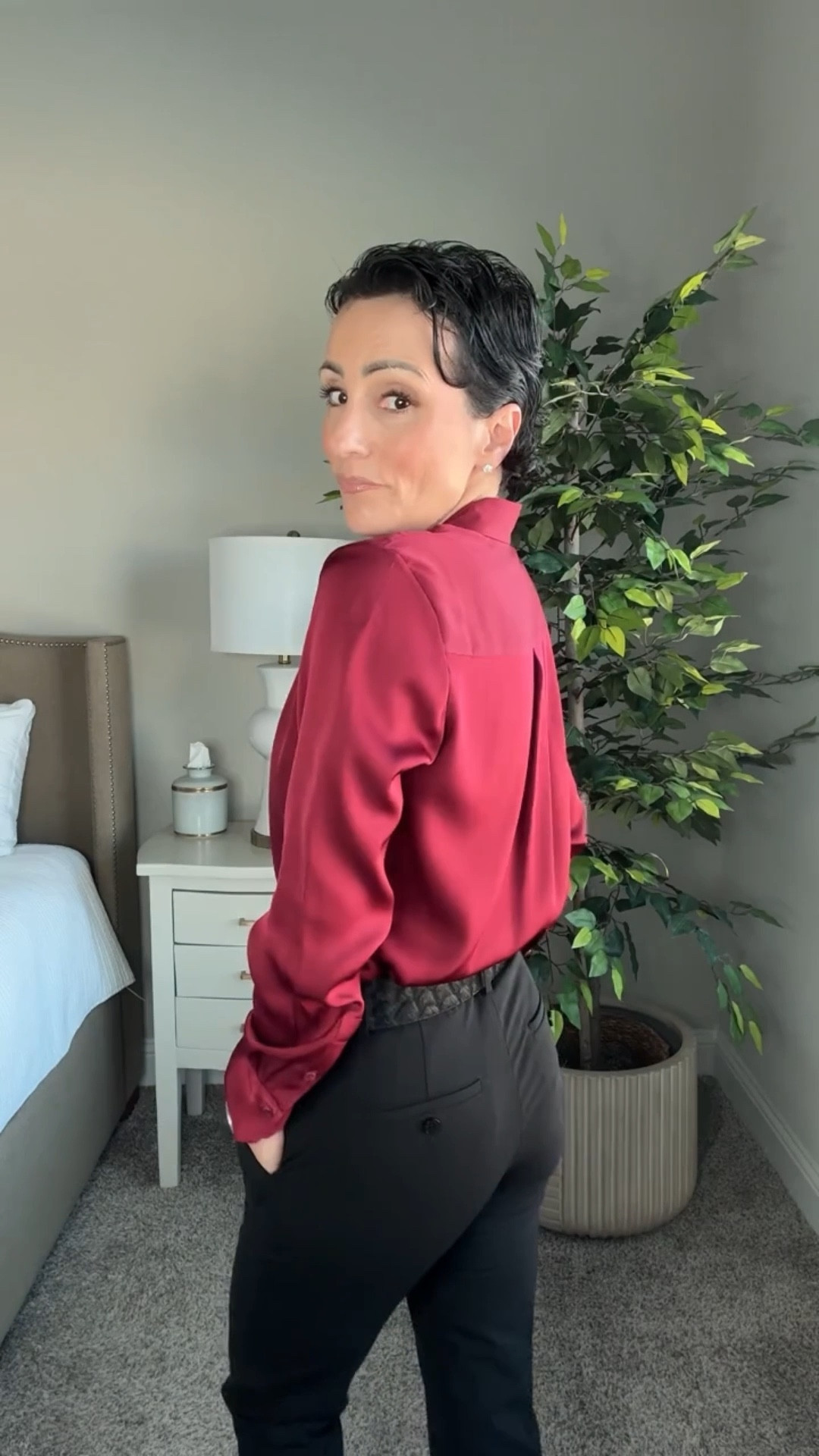 Timeless, elegant, and effortlessly chic. ✨ This silk blouse from @onequince is the definition of affordable luxury—buttery soft, beautifully draped, and yes, machine washable! I love the rich wine color, making it a versatile staple for both work and dinner plans.

I paired it with tailored black trousers and a statement belt for a polished, classic look. Whether you dress it up or down, this is one of those pieces that will always feel elevated. #QuincePartner 

#LTKStyleTip #LTKWatchNow
