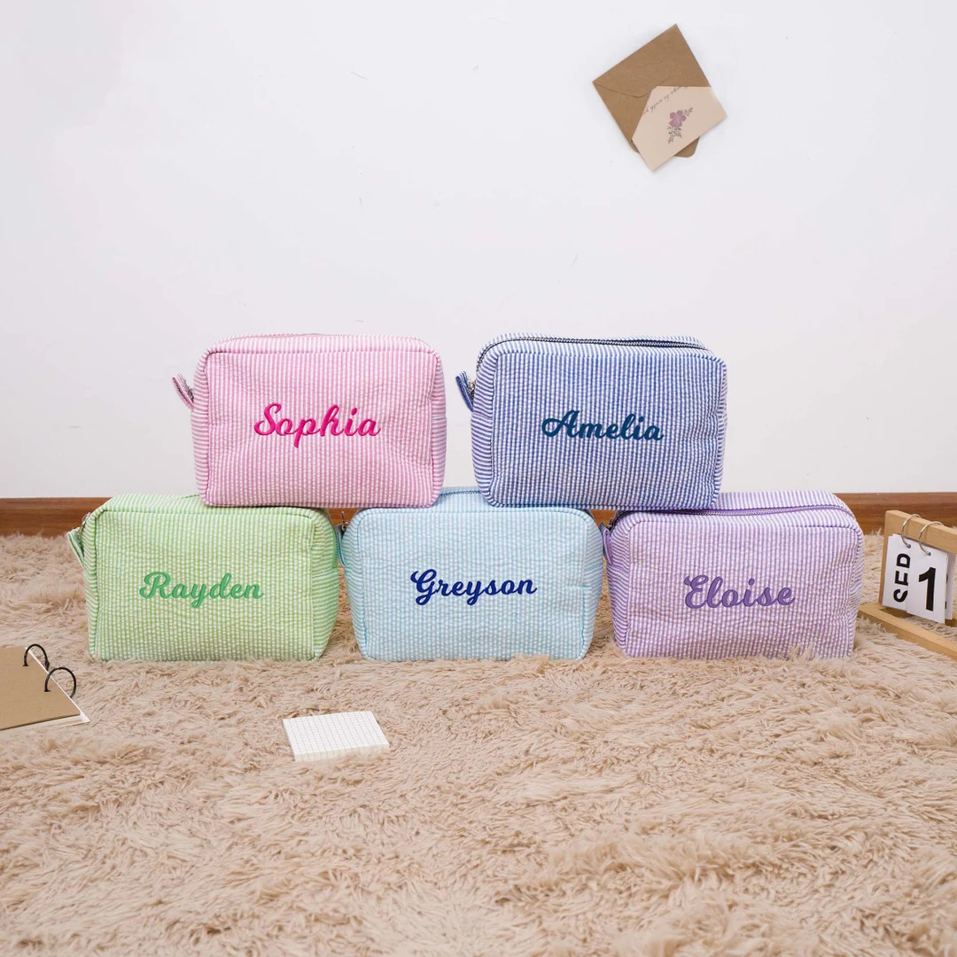 Personalized Seersucker Cosmetic Bag, Monogrammed Toiletry Bag, Bridal Gift, Bridesmaid Proposal ... | Etsy (US)
