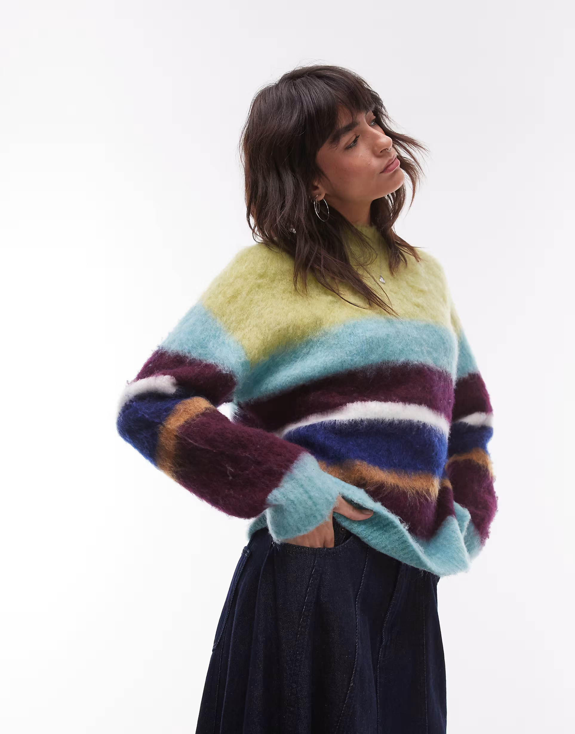 Topshop knitted fluffy stripe relaxed jumper in multi stripe | ASOS (Global)