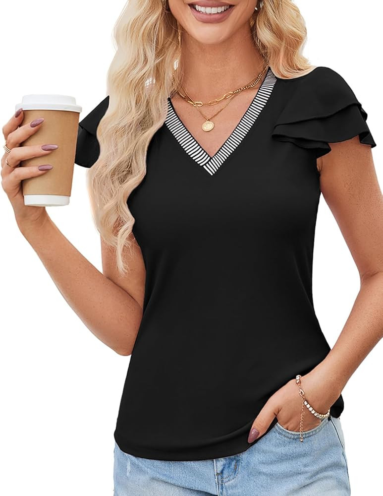 Kate Kasin Women's Ruffle Short Sleeve Shirt V Neck Striped Color Block T Shirts Summer Blouse Ca... | Amazon (US)