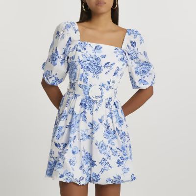 Blue puff sleeve floral belted mini dress | River Island (UK & IE)