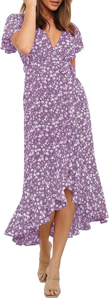 ZESICA Women's Summer Bohemian Floral Printed Wrap V Neck Beach Party Flowy Ruffle Midi Dress | Amazon (US)