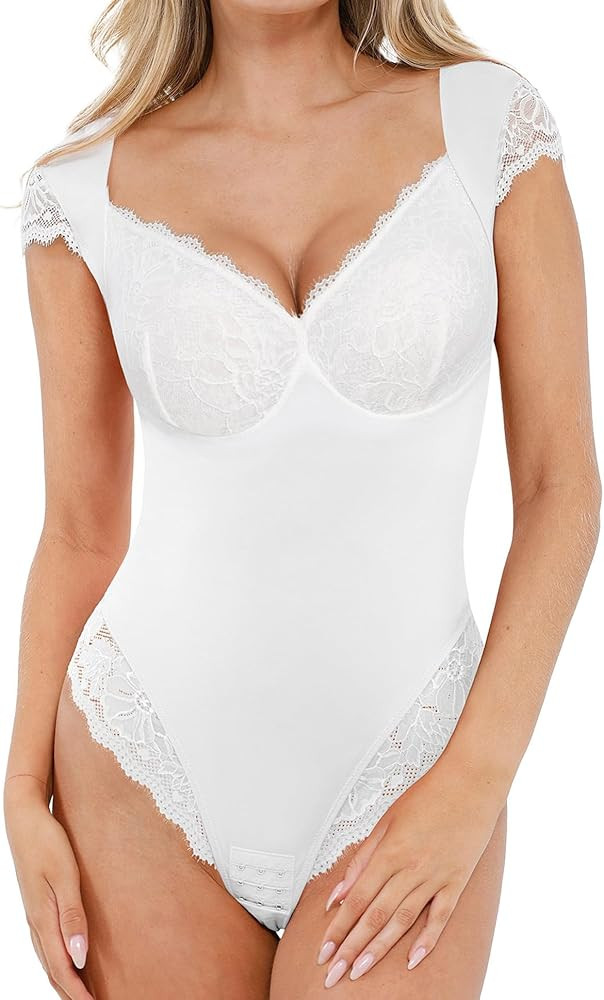 Popilush Lace Tops Body Suits for Womens Tummy Control Shapewear Bodysuit V Neck Party Date Night... | Amazon (US)