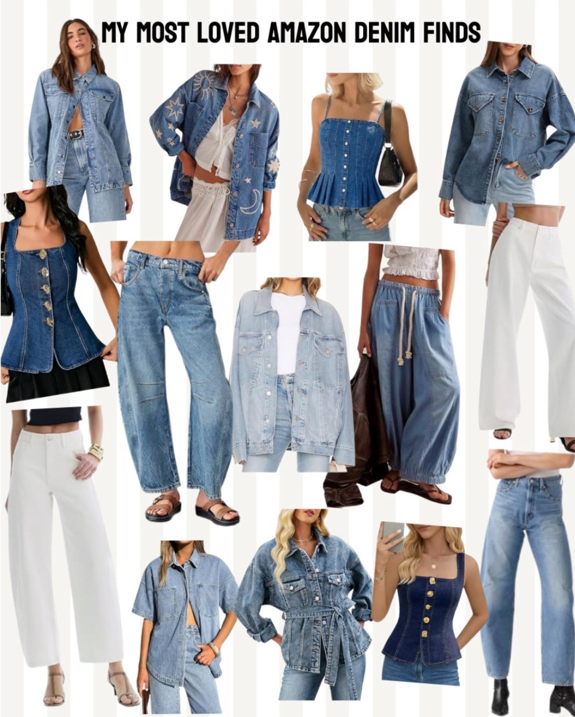 I’m really picky with my denim and these are all approved by me. 10/10 recommend any if them.

White jeans both size 12 the wide leg ones come in lengths I have reg and long length. 
Levis size up at least 1 size I have them in a 32 & 33 - 32 is more fitted 33 is relaxed and more baggy just depends your preference but at least go up one size. 
Jackets and long sleeve tops XL or 12 
Tank tops L they have stretch. 
Drawstring denim xl 
Barrel Jean 12 
#amazon #denim #midsize

#LTKSaleAlert #LTKMidsize #LTKTall