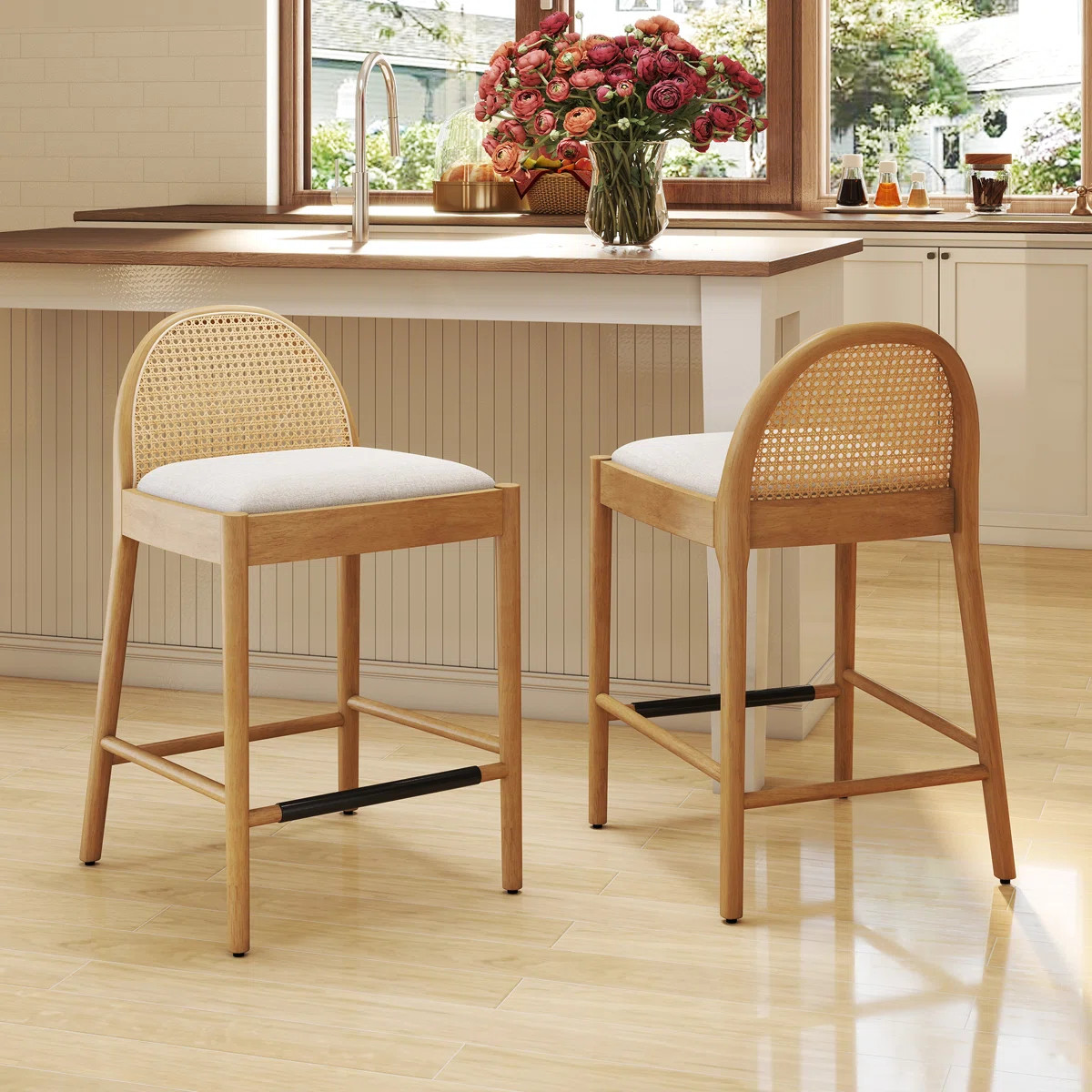 Emington Modern Stools with Rattan Backrests and Wood Frame (Set of 2) | Wayfair North America