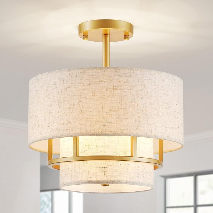 2-Layer Fabric Drum Ceiling Light, 3-Light Semi-Flushmount Light Fixture for Living Room, Bedroom... | Amazon (US)