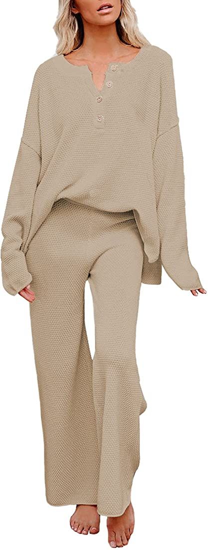 Pink Queen Women's 2 Piece Outfit Set Long Sleeve Button Knit Pullover Sweater Top and Wide Leg Pant | Amazon (CA)