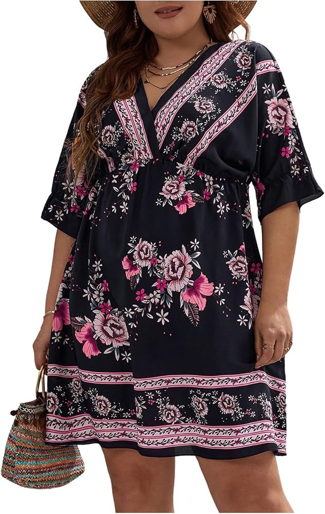 OYOANGLE Women's Plus Size Boho Floral Print High Waist V Neck Flared A Line Short Dress | Amazon (US)