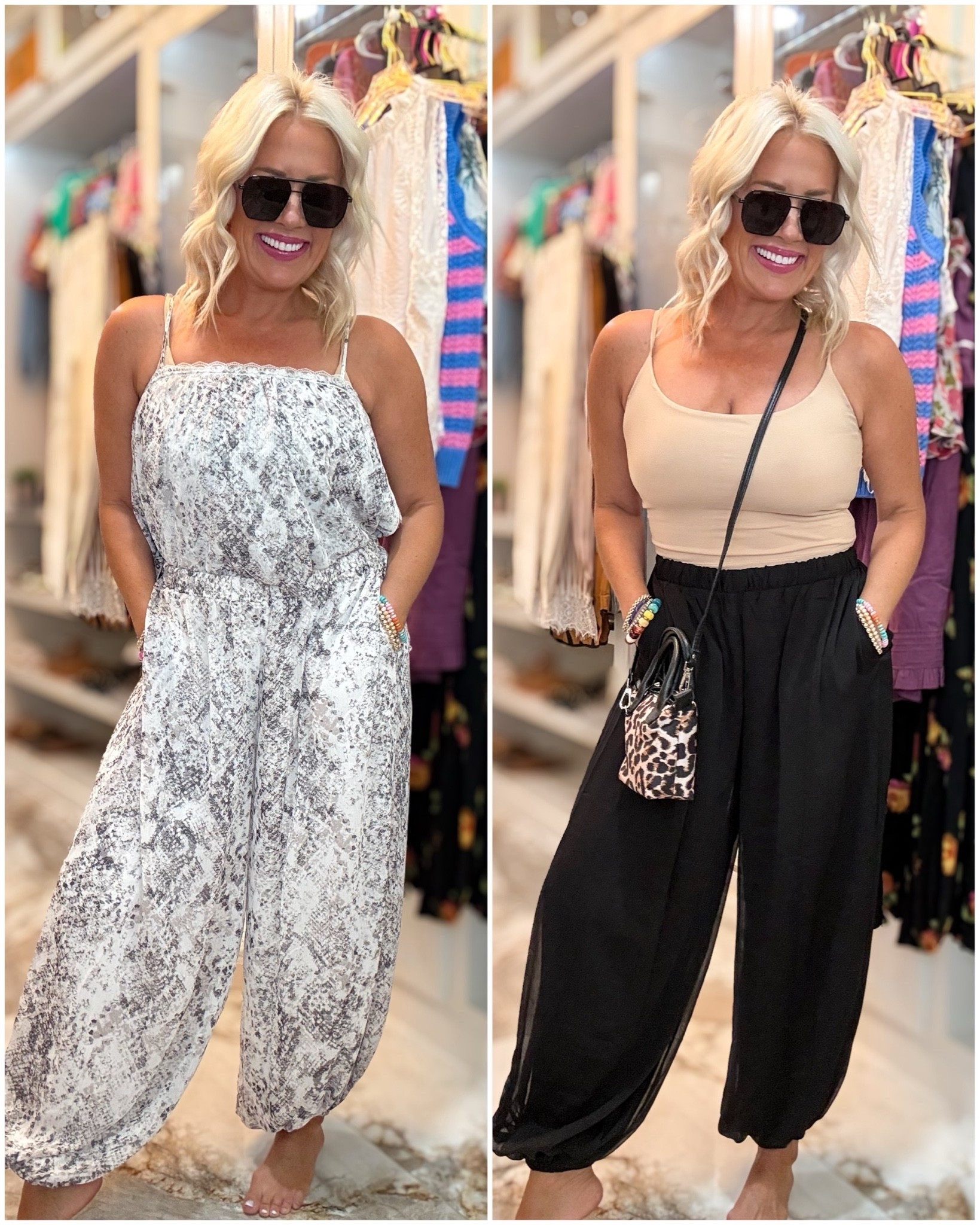 Wide leg flowy pants , size down two
Snakeskin cami - size small