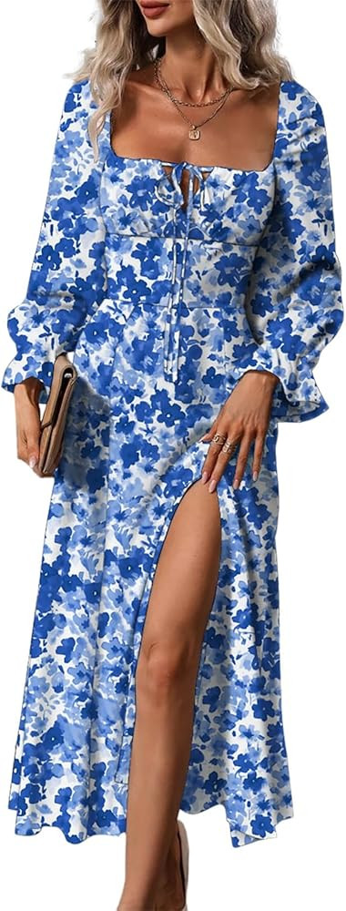 BLENCOT Women's Floral Print Puff Long Sleeve Maxi Dress Sexy Square Neck Tie Front Ruffle Hem Sp... | Amazon (US)