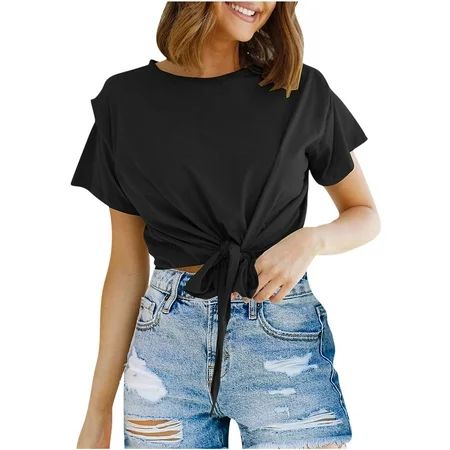 Women s Casual Loose Side Twist Knot Crop Tops Clearance Crewneck T Shirt Dressy Vintage Solid Color | Walmart (US)