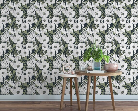 Black and White Floral Wallpaper // Removable Wallpaper // | Etsy | Etsy (US)