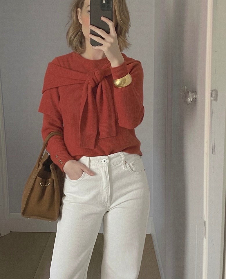 A red jumper with white jeans and a gold bangle is a simple, classic outfit that highlights how many ways there are to wear a red jumper.
 
The colour combination of red, white, tan and gold is timeless and one of my favourites.