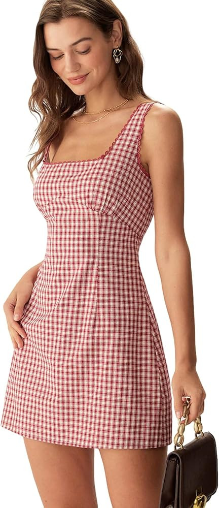 RIHOAS Plaid Gingham Mini Dress, Square Neck Spaghetti Strap A-Line Retro Dress for Spring Summer... | Amazon (US)