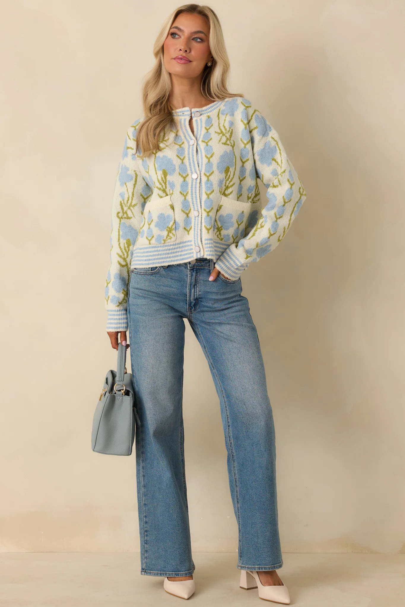 Softly into the Season Ivory & Blue Floral Button Up Cardigan Sweater | Red Dress