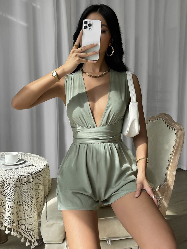 SHEIN Unity Crisscross Tie Backless Plunging Neck Romper | SHEIN