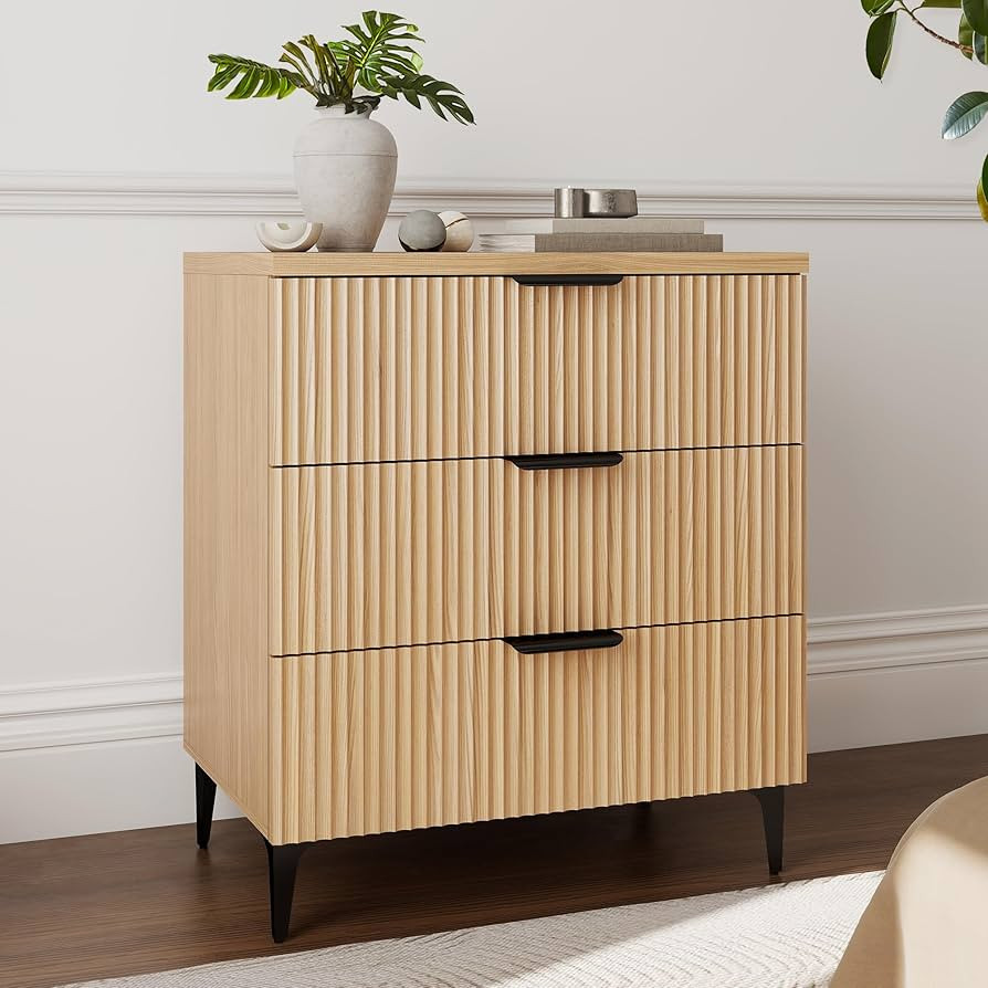 Fluted Nightstand with 3 Drawer Dresser, Modern Wood Night Stands Bedside Table for Bedroom King/... | Amazon (US)