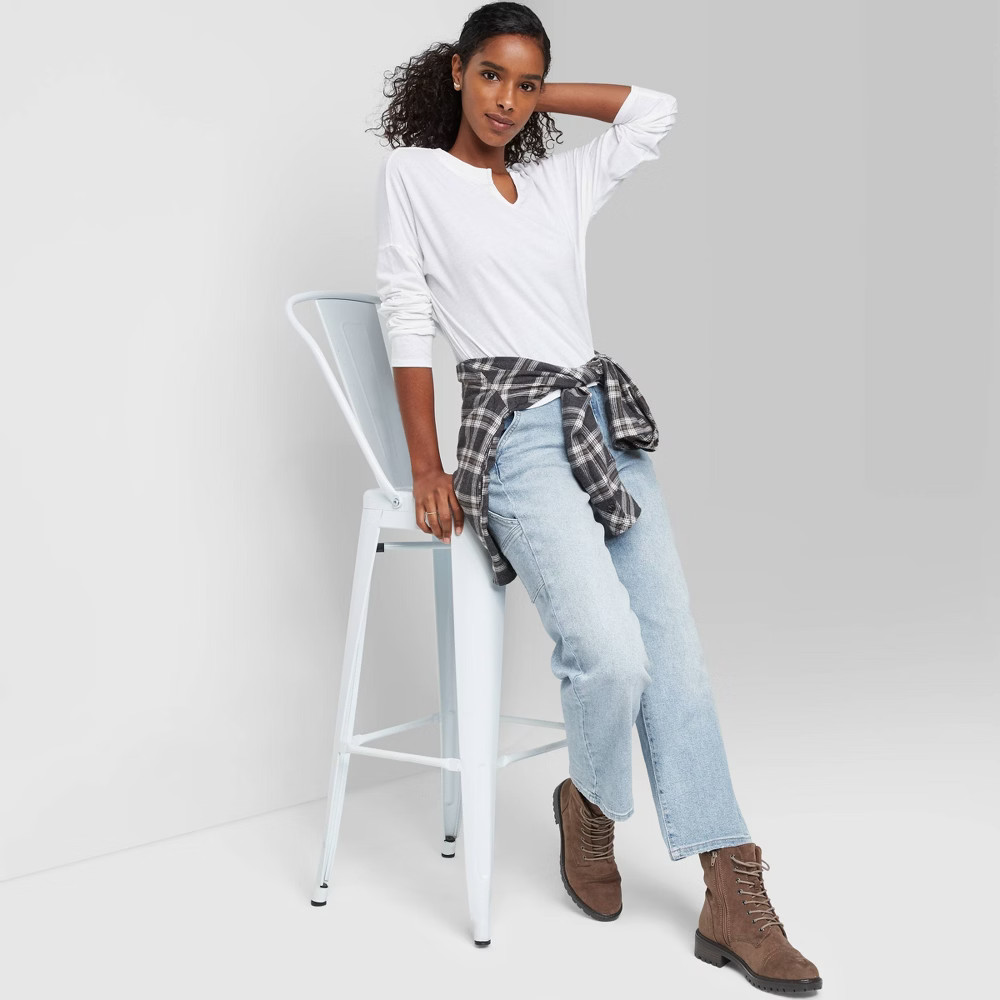 Women's Long Sleeve V-Neck Notch Front Cropped Boxy T-Shirt - Wild Fable White L | Target