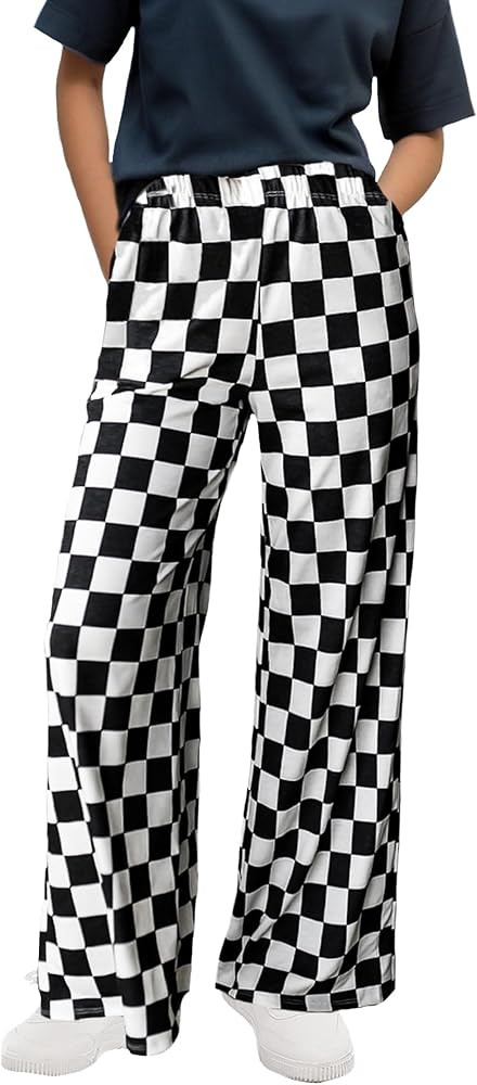 WSPLYSPJY Women's Casual Checkered Pants Elastic Waist Comfy Loose Wide Leg Pants with Pockets,XS... | Amazon (US)