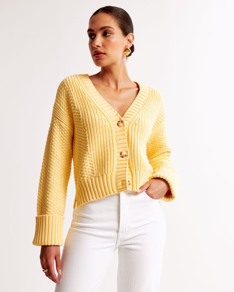 Cotton-Blend Seed Stitch Cardigan | Yellow Cardigan | Work Outfit Midsize  | Abercrombie & Fitch (US)