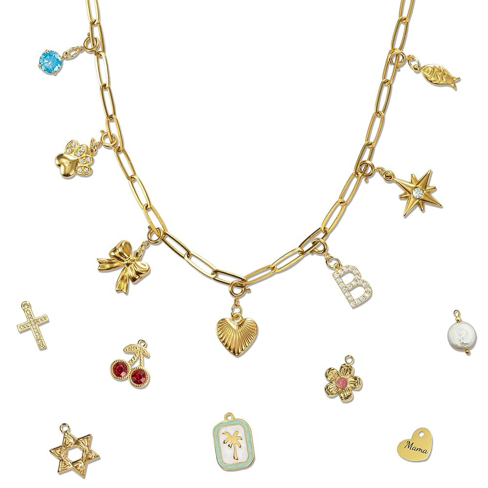 Gold Charm Necklace for Women, Build Your Own Custom Charm Necklace, Personalized Statement Gold ... | Amazon (US)