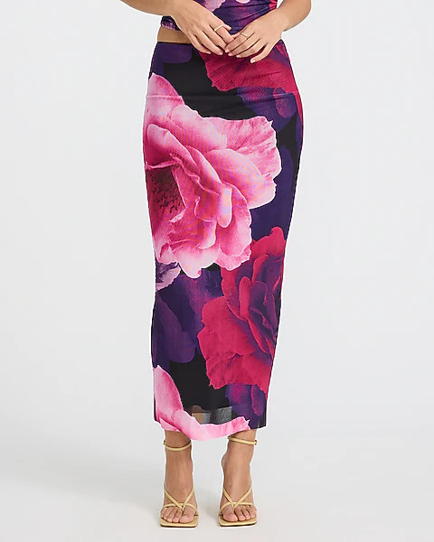 Floral Mesh High Waisted Midi Skirt | Express