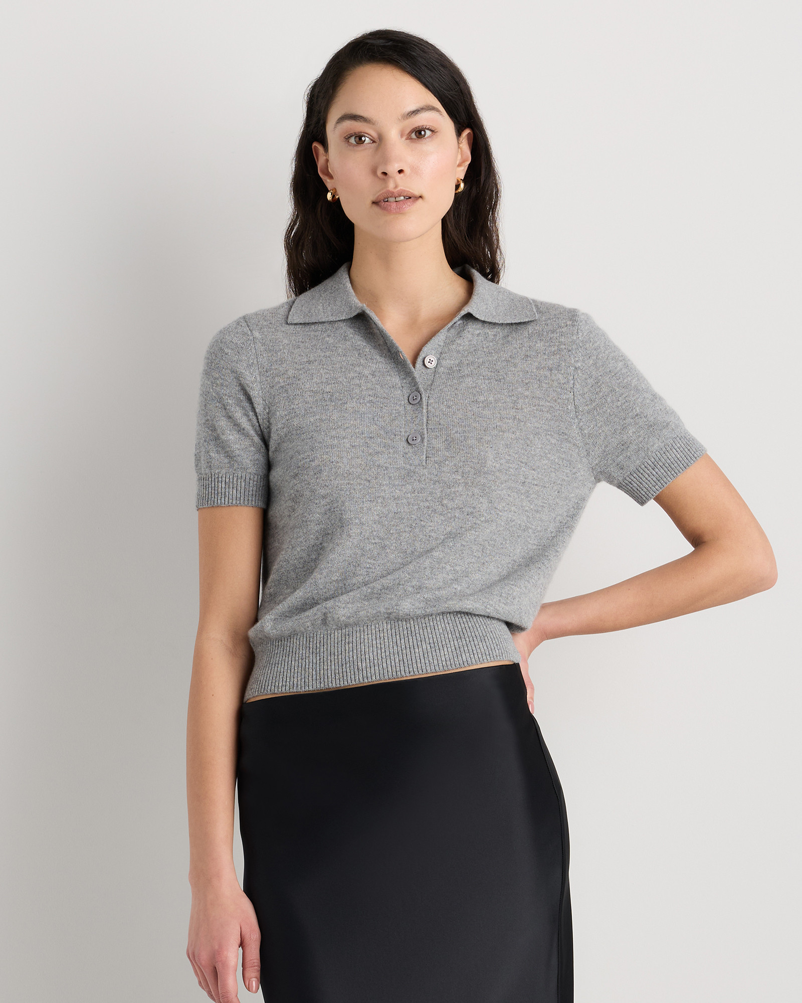 Quince | Women's Mongolian Cashmere Short Sleeve Polo in Heather Grey, Size Small | Quince